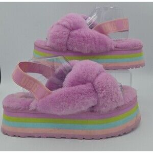 UGG Pink Rainbow Platform Disco Knot Genuine Shearling Slide Slippers US Size 11